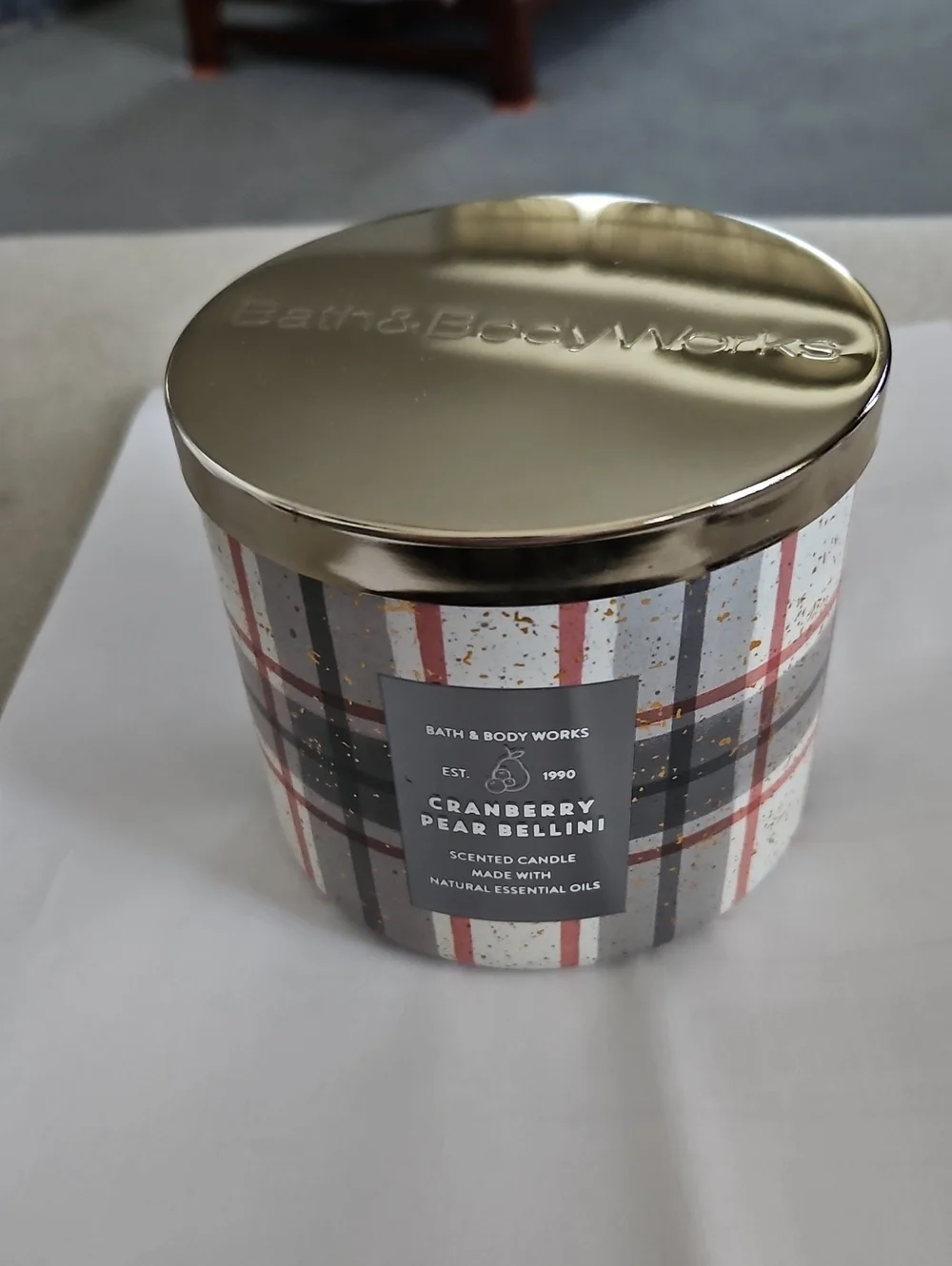 Bath & Body Works Cranberry Pear Bellini Candle - Gold, Red & Green Plaid Jar